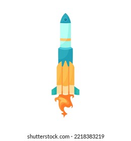 Blue rocket with orange jet steam cartoon illustration. Colorful missile taking off, space ship firing flame and fire isolated on white background. Flight, speed concept