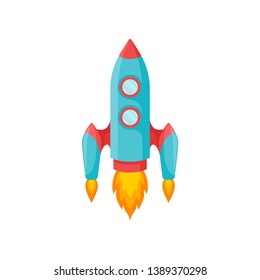 Blue rocket with portholes and a red nose. Vector illustration.