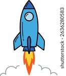 Blue Rocket Ship Blasting Off into Space