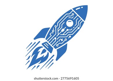 Blue rocket ship with circuit board pattern and speed lines start up technology exploration innovation blastoff