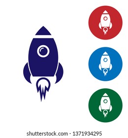 Blue Rocket ship with fire icon isolated on white background. Space travel. Set color icon in circle buttons. Vector Illustration