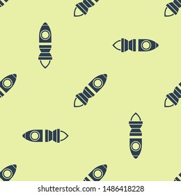 Blue Rocket ship with fire icon isolated seamless pattern on yellow background. Space travel.  Vector Illustration