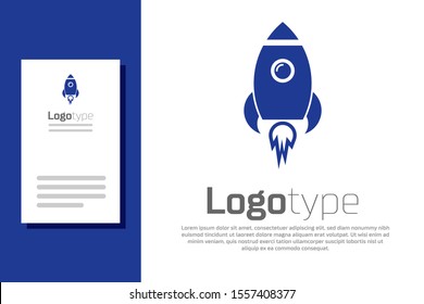 Blue Rocket ship with fire icon isolated on white background. Space travel. Logo design template element. Vector Illustration