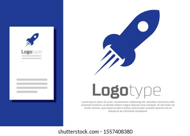 Blue Rocket ship with fire icon isolated on white background. Space travel. Logo design template element. Vector Illustration