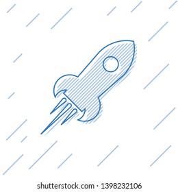 Blue Rocket ship with fire line icon isolated on white background. Space travel. Vector Illustration