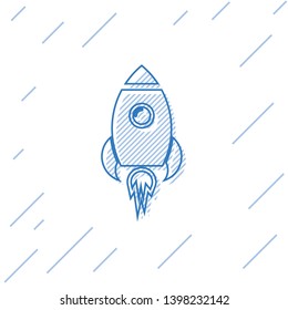 Blue Rocket ship with fire line icon isolated on white background. Space travel. Vector Illustration
