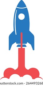 A blue rocket ship launches, with red flames and smoke billowing beneath it.