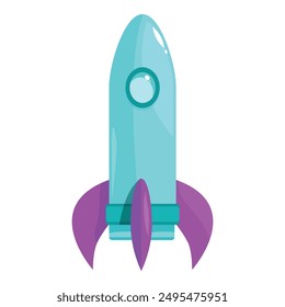 Blue rocket ship launching into space with purple flames