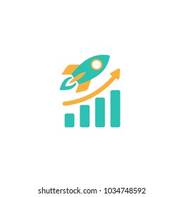 blue rocket ship with orange fire and blue growth diagram. Isolated on white. Flat icon. Vector illustration with flying rocket. Project start up sign. Creative idea symbol.