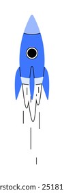 Eine blaue Rakete mit einem vereinfachten Design, die abstrahlt. Ideal für Weltraumthemen, Science Fiction, Technologie, Abenteuer, fantasievolle Erkundung. Minimalistisch, sauber, modern.