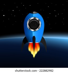 Blue rocket in space.