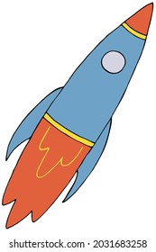 blue rocket for space flights, color vector illustration in doodle style with black outline
