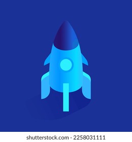 Icono de cohete azul o nave espacial en vista isométrica. Nuevo lanzamiento de empresas, expansión y desarrollo de empresas, idea de innovación, concepto de estrategia de éxito. Ilustración del vector aislada en fondo blanco 