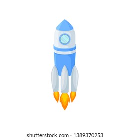 Blue rocket takes off with fire. Vector illustration.