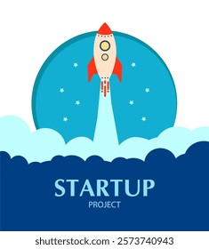 Blue rocket takes off into stars space . business startup text rocketdock, rocket space ship in flat style. concept Start up Business. Vector Illustration. 