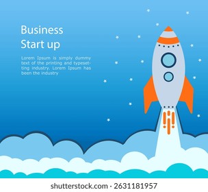 Blue rocket takes off into stars space . business startup text rocketdock, rocket space ship in flat style. concept Start up Business. Vector Illustration. 