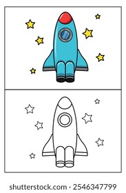Blue Rocket vector with black and white outline for page coloured illustration