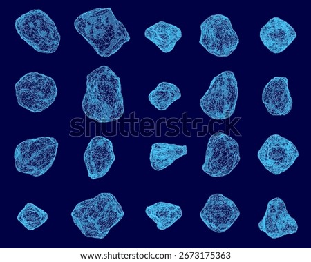 Blue rocks arranged in a symmetrical wireframe pattern on a dark blue background. The smooth texture and vibrant color create a striking contrast. The composition highlights geometric precision.