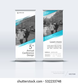 Blue roll up banner design brochure flyer vertical template, vector x-banner and street business flag-banner, cover presentation abstract geometric background vertical layout