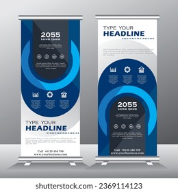 blue roll up banner design template, vertical banner template design for business, standee banner. modern x-banner, pull up banner 