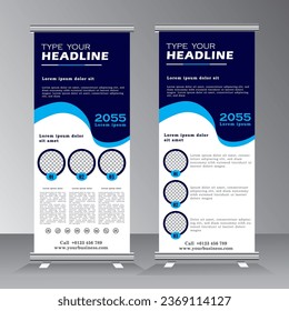 blaue Roll-up-Banner-Design-Vorlage, vertikale Banner-Template-Design für Unternehmen, Standard-Banner. modernes x-banner, Banner hochziehen 