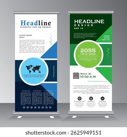 Plantilla de diseño de Anuncio enrollable azul, diseño de Plantilla de Anuncio de Vertical de color verde para negocios, Anuncio standee Moderno x-Anuncio, Anuncio pull up, diseño de Vector con círculo