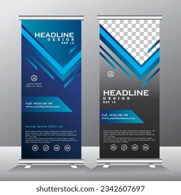 diseño de banner de enrollado azul y plantilla vectorial.  color azul, diseño de banner estándar, banner vertical, x-banner, plantilla estándar. tirando de la pancarta, Brochure, Flyer. ilustración vector abstracta