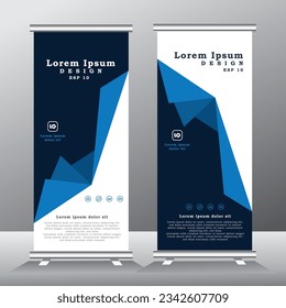 blue roll up banner design and vector template.  blue color, standee banner design, vertical banner,  x-banner, standee Template. pull up banner, Brochure, Flyer. abstarct vector illustration