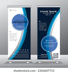 blue roll up banner design and vector template.  blue color, standee banner design, vertical banner,  x-banner, standee Template. pull up banner, Brochure, Flyer. abstarct vector illustration