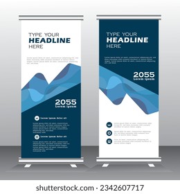 blauer Roll-up Banner-Design und Vektorvorlage.  blaue Farbe, Standardbanner-Design, vertikales Banner, x-Banner, Standardvorlage. Ziehen Sie Banner, Broschüre, Flyer. abstrakte Vektorgrafik