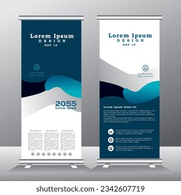 diseño de banner de enrollado azul y plantilla vectorial.  color azul, diseño de banner estándar, banner vertical, x-banner, plantilla estándar. tirando de la pancarta, Brochure, Flyer. ilustración vector abstracta