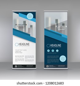 Blue Roll up banner stand brochure flyer vertical template design, infographics, Modern Flag Banner Design. Cover, Annual Report, Magazine,Poster, Corporate Presentation, Flyer, Website. 