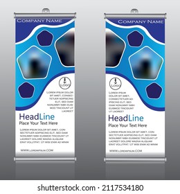 Blue Roll up banner stand template, advertisement, flyer design, vector illustration, pentagon design. 