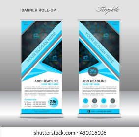 Blue Roll up banner stand template, advertisement design, polygon background, display, flyer