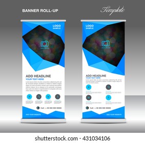 Blue Roll up banner stand template polygon backgrounds, advertisement, display,flyer