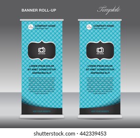 Blue Roll up banner stand template vintage flyer template vector illustration, advertisement, display layout