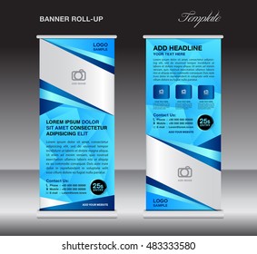 Blue roll up banner stand template, stand design,banner design, pull up,  flyer template, advertisement, polygon background, display layout