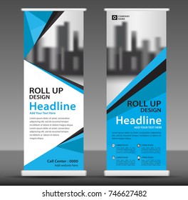 Blue roll up banner template. Business banner layout. stand out. flyer. pull up. presentation. brochure. poster. advertisement. print media. vector illustration