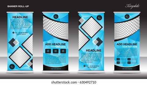 Blaue Aufrollbanner-Vorlage, Bannerdesign, Werbung, Geschäftsflyer, Polygonhintergrund, Vektorgrafik, Display, x-Banner, Flaggenbanner, Präsentation, Poster, abstrakte geometrische Formen