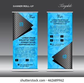 Blue Roll up banner template, polygon background