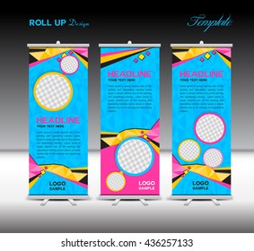 Blue Roll Up Banner template stand vector illustration, polygon background, advertisement, display, flyer design