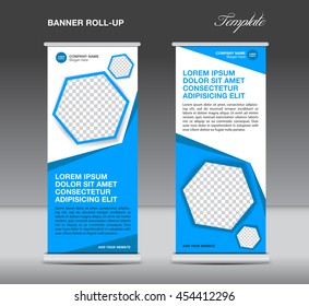 Blue Roll up banner template stand display advertisement flyer design polygon vector