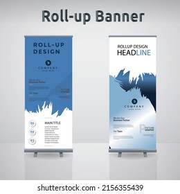 Blue Roll Up Banner template vector illustration, flyer design polygon background, stand layout, advertisement