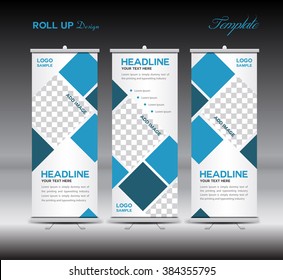 Blue Roll Up Banner template vector illustration, polygon background, stand, display, advertisement, flyer design