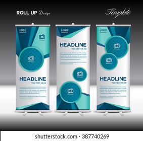 Blue Roll Up Banner Template Vector Illustration, Advertisement, Display, Stand Flyer Design,  Polygon Background