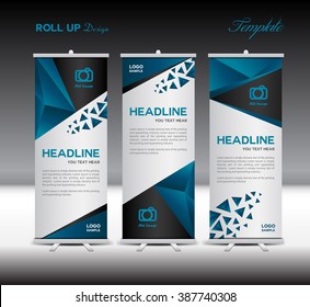 Blue Roll Up Banner Template Vector Illustration ,stand Layout, Polygon Background, Flyer, Advertisement, Display