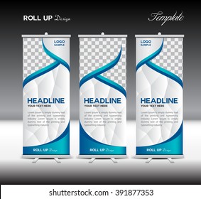 Blue Roll Up Banner Template Vector Illustration, Stand Design, Display, Polygon Background, Flyer Layout, Advertisement