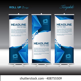 Blue Roll Up Banner template vector illustration, polygon background, stand layout, advertisement, flyer design, display