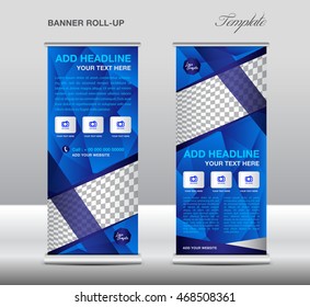 Blue Roll up banner template vector, roll up stand, banner design, flyer, advertisement, polygon background