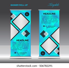 Blue Roll Up Banner template vector illustration, standy design, display, x-stand, flag-banner, pull up, banner template, polygon background